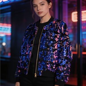 Say What? Blue and Pink Sequin Bomber Jacket